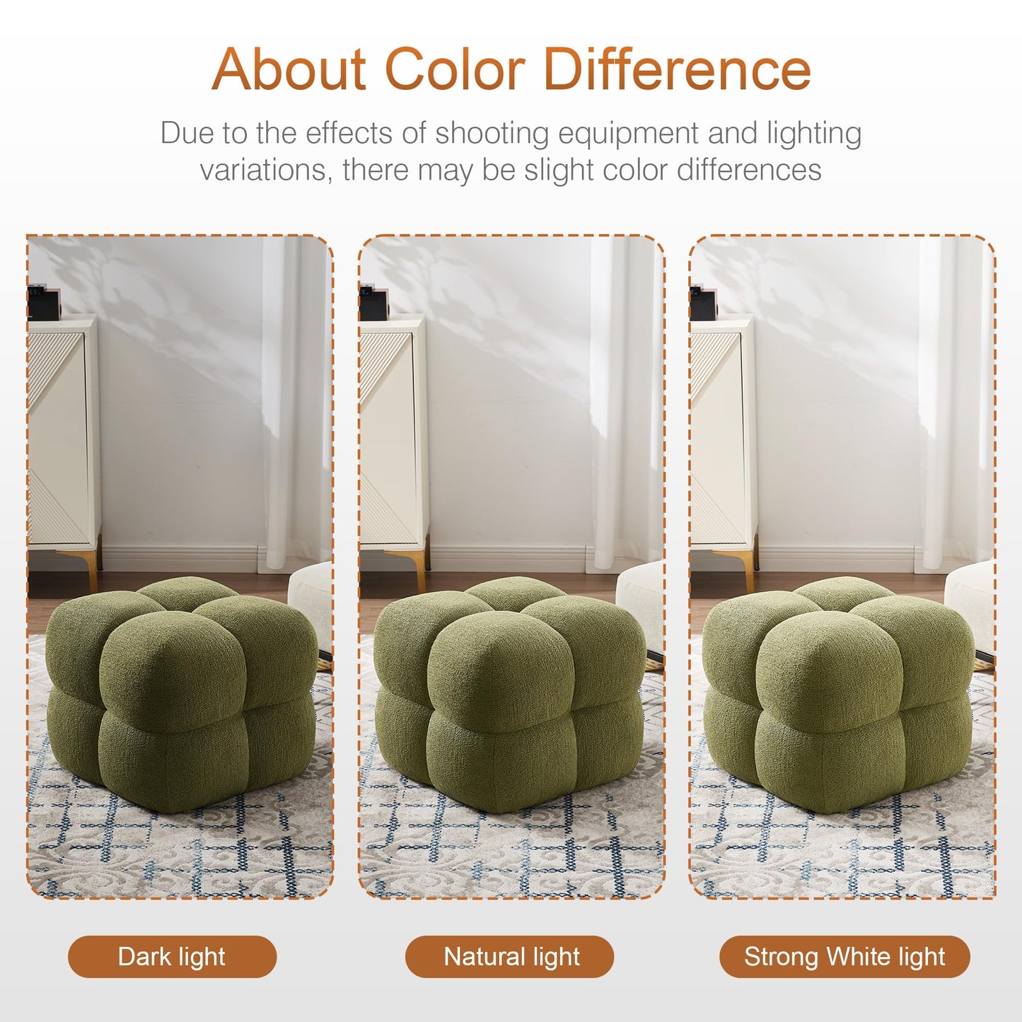 Zesthouse Square Pouf Ottomans Footstool Set of 2, Upholstered Poofy Ottoman for Couch Sofa, Modern Vanity Chair Backless for Living Room, Green Boucle Stool Foot Rest, Fabric Ottoman Coffee Table