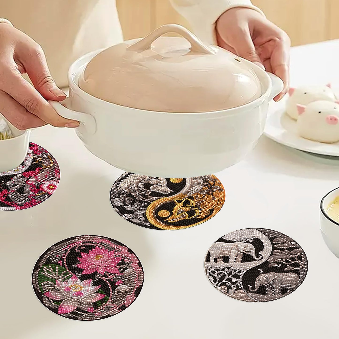 DIY Diamond Painting Placemats, Round Yin Yang Table Mats, 5.9 Inch, 4 Pack, Home Decor Craft Kit with Pen, Tray, and Clay Glue