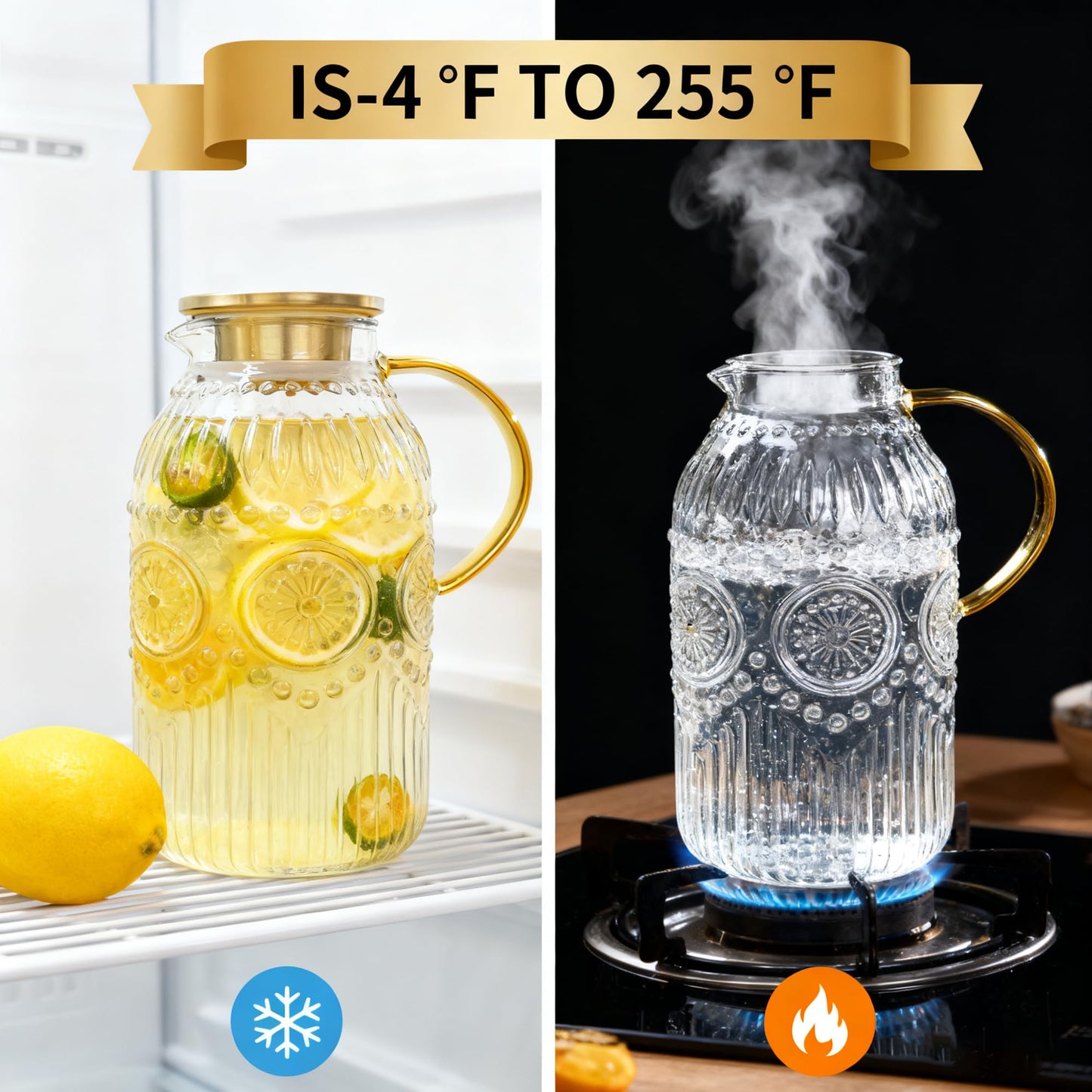 Amzcku Glass Pitcher with Lid, 101 oz/ 3 Liter Vintage Water Pitcher,Water Carafe for Cold Brew, Coffee, Lemonade, Iced Tea,Beverage, Heat Resistant Water Glass Jug 1Pack