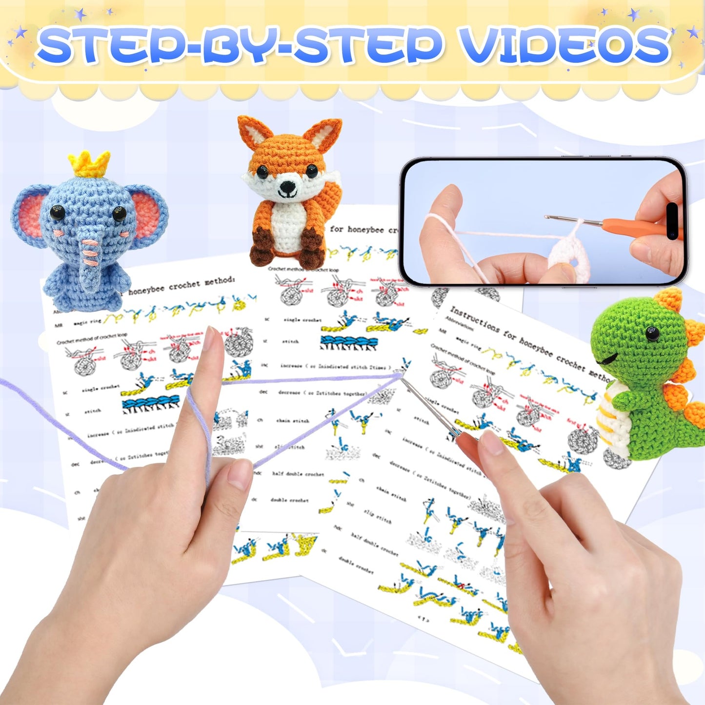 OLHKYN 6Pcs Crochet Kit for Beginners, 2026 DIY Craft for Adults, Great Gift for Crochet Lovers, Crocheting Animal Kits with Step by Step Videos,Yarn,Crochet Hook,Birthday Holiday Gift