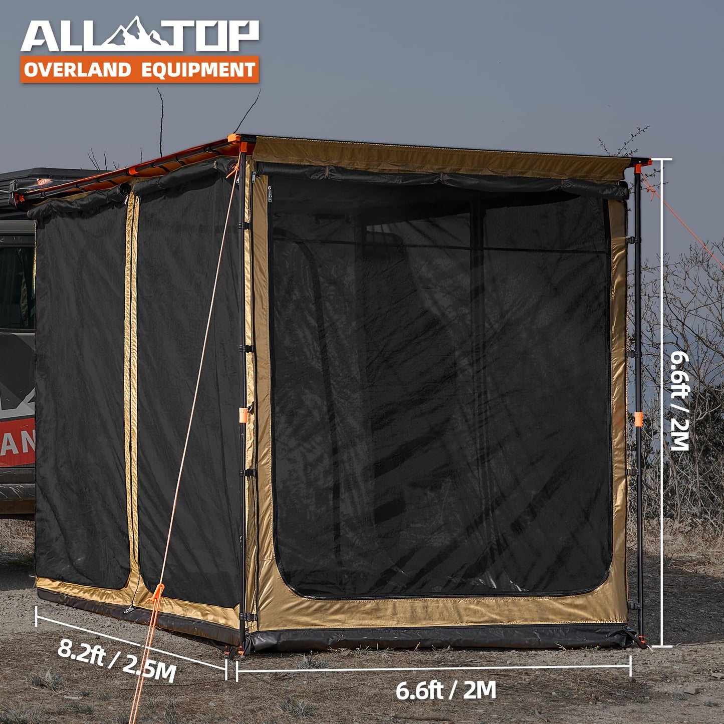 ALL-TOP Awning Room with Floor 6.6' x 8.2' Rip-Stop 210D Oxford Awning Tent with Bug-Resistance Mesh, Waterproof Sun Shelter for Overland, Camping(Black Coating, Room Only)