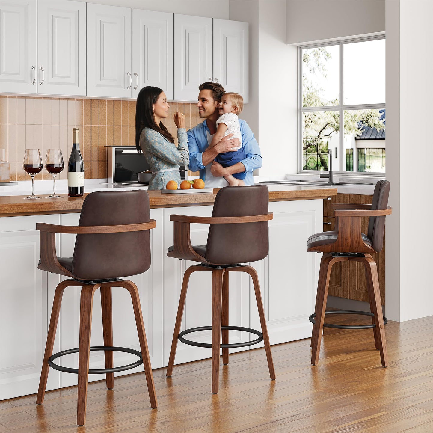 YaFiti Swivel Bar Stools Set of 2, 26" Counter Height Barstools with Wood Legs and Backs, Upholstered PU Leather Bentwood Frame Bar Chairs with Armrest for Kitchen Island, Dining Room, Brown