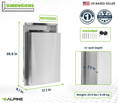 Alpine Recessed Waste Receptacle - Large 12 Gallon Brushed Finish Stainless Steel Mounted in Wall Trash Can for Commercial Bathrooms in High Traffic Areas Like Restaurant, Airport, Hotel, School
