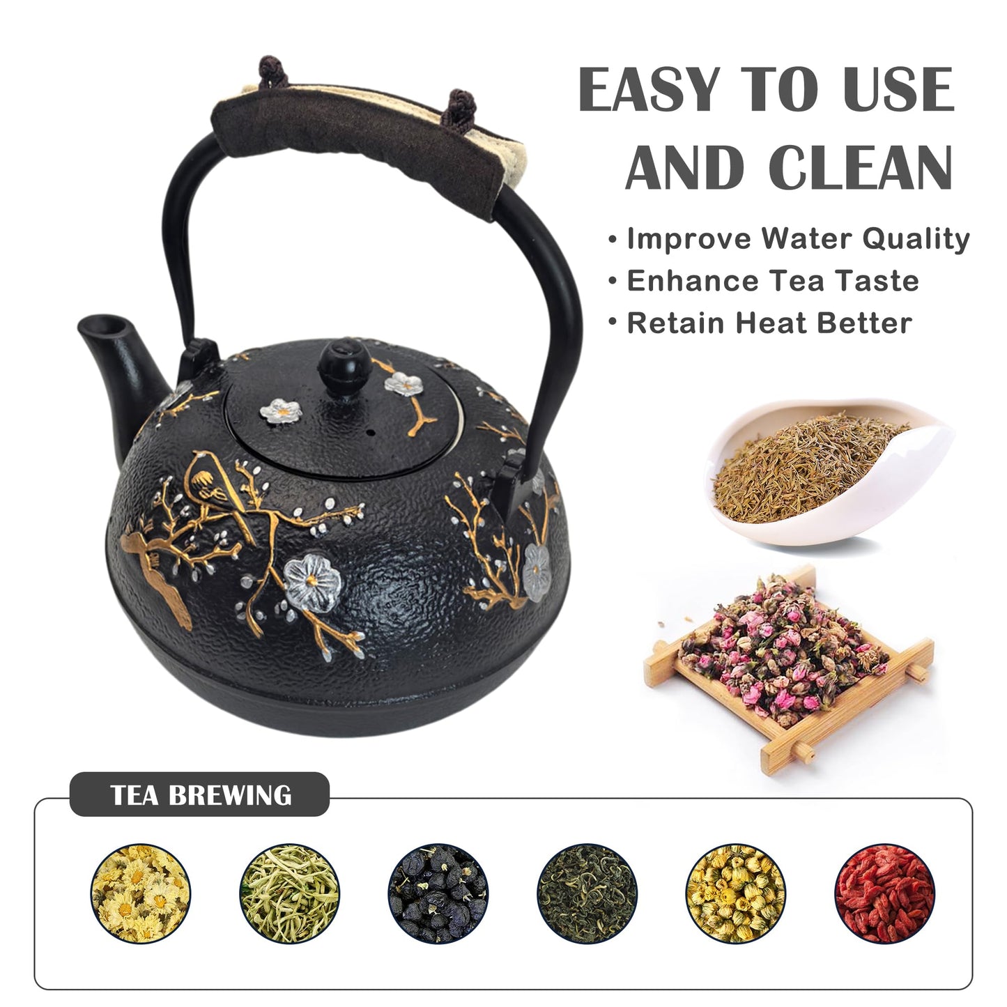 Cast Iron Teapot SECHUDO Teapot for Stovetop Safe Coated with Enameled Interior,Japanese Beautiful Tea Kettle with Stainless Steel Infuser for Loose Tea (60.9oz Plum Blossoms and Bird Pattern)