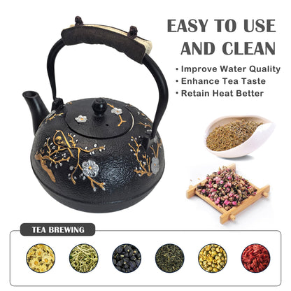 Cast Iron Teapot SECHUDO Teapot for Stovetop Safe Coated with Enameled Interior,Japanese Beautiful Tea Kettle with Stainless Steel Infuser for Loose Tea (60.9oz Plum Blossoms and Bird Pattern)