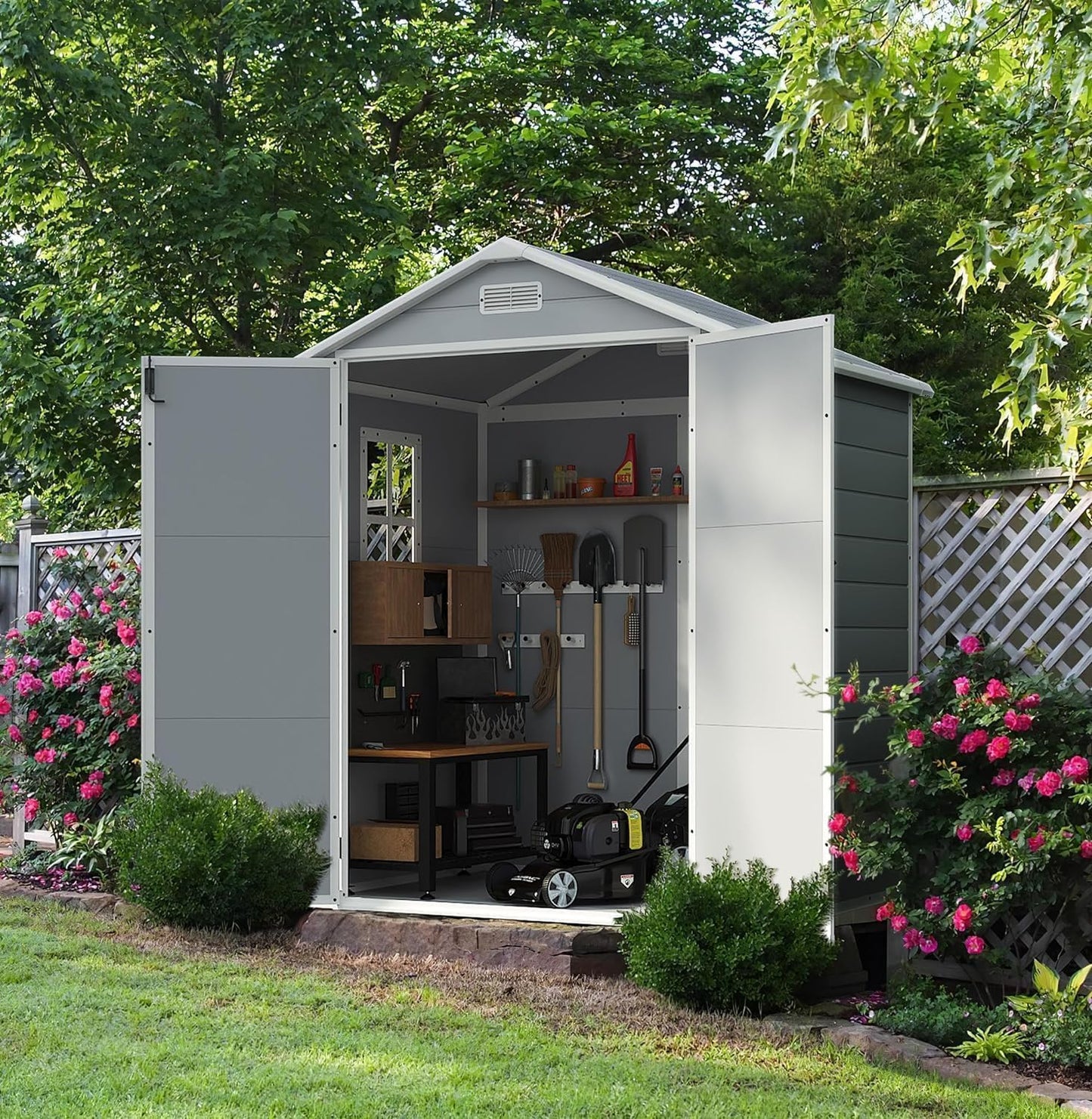 Devoko 6 x 4 FT Plastic Outdoor Storage Shed with Floor, Resin Tool Shed with Window, Outside Waterproof Garden Shed with Lockable Door for Patio, Backyard, Poolside, Light Grey