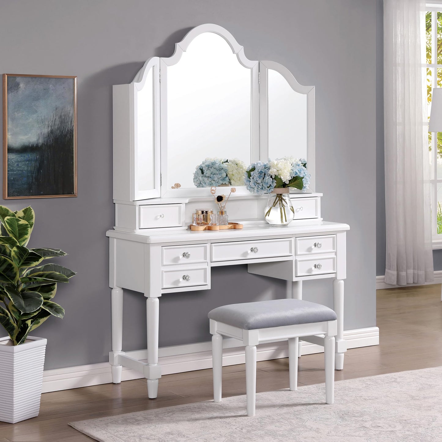 24/7 Shop at Home Nyx Traditional 3-Piece Wood 5 Drawers Makeup Vanity Table, Tri-Fold Mirror and Stool Set with Jewelry Storage, 7 Shelves, Padded Seat for Bedroom, Dressing Room, White and Gray
