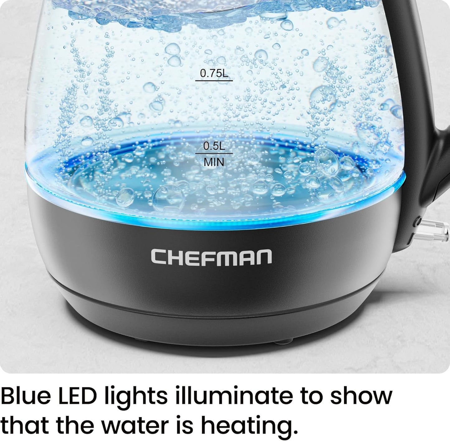 Chefman 1L Electric Tea Kettle with LED Lights, Automatic Shut Off, Removable Lid, Boil-Dry Protection, Electric