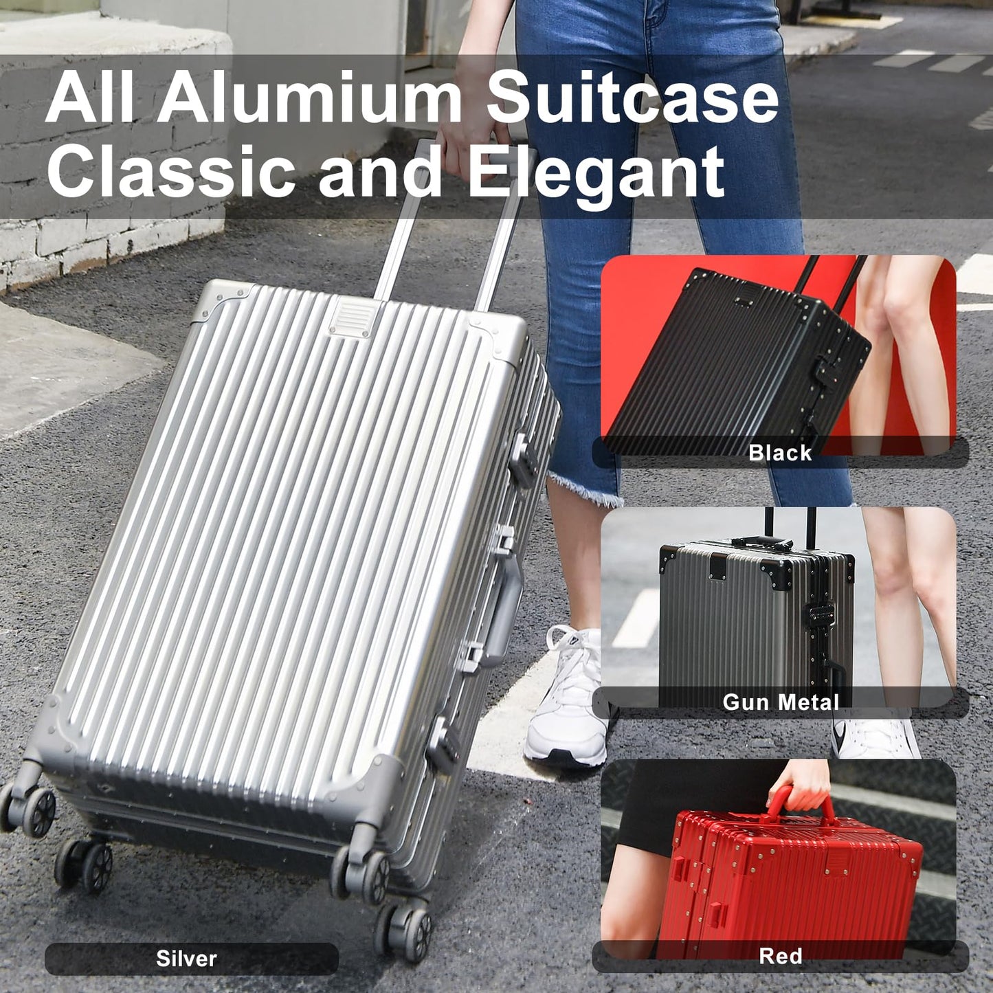EclatVivid Luggage, Full Aluminum Body Suitcase, 28 Inch 100% Aluminum Hard Shell Luggage, Aluminium Large Suitcase With TSA Locks(Silver, Classic)