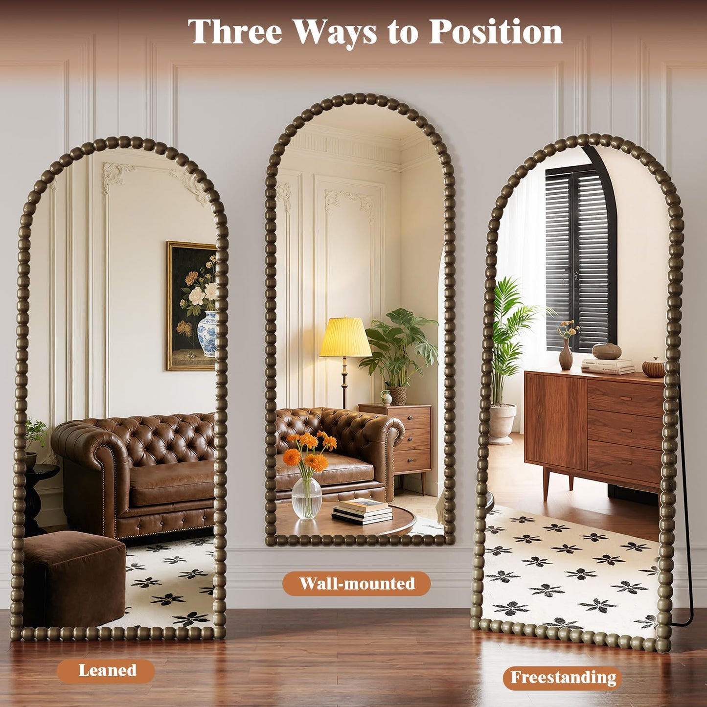 FlyEcho Arched Full Length Mirror, 71"x28" Antique Beaded Full Body Mirrors, Large Floor Mirror with Stand, Hanging Mounted for Bedroom Living Room Cloakroom Hallway Decor, PU Frame, Bronze