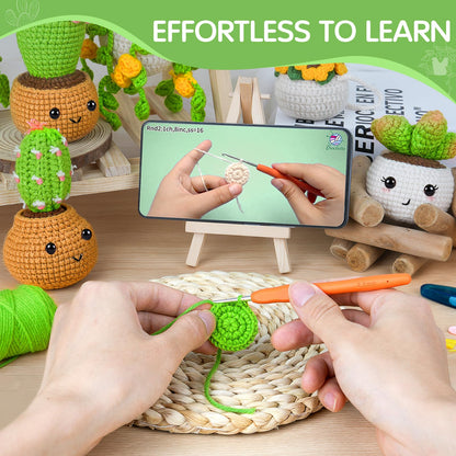Crochetta Crochet Kit for Beginners, Crochet Starter Kits for Adults, Amigurumi Craft Knitting Crocheting Kits with Step-by-Step Video Tutorials, 6 Pc Hanging Potted Plants Family(40%+ Yarn