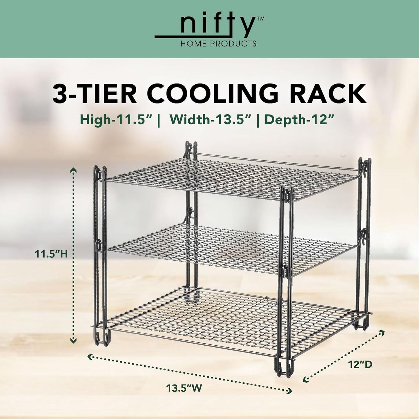 Nifty 3-Tier Cooling Rack – Collapsible Kitchen Countertop Organizer, Non-Stick Coating, Dishwasher Safe for Baking