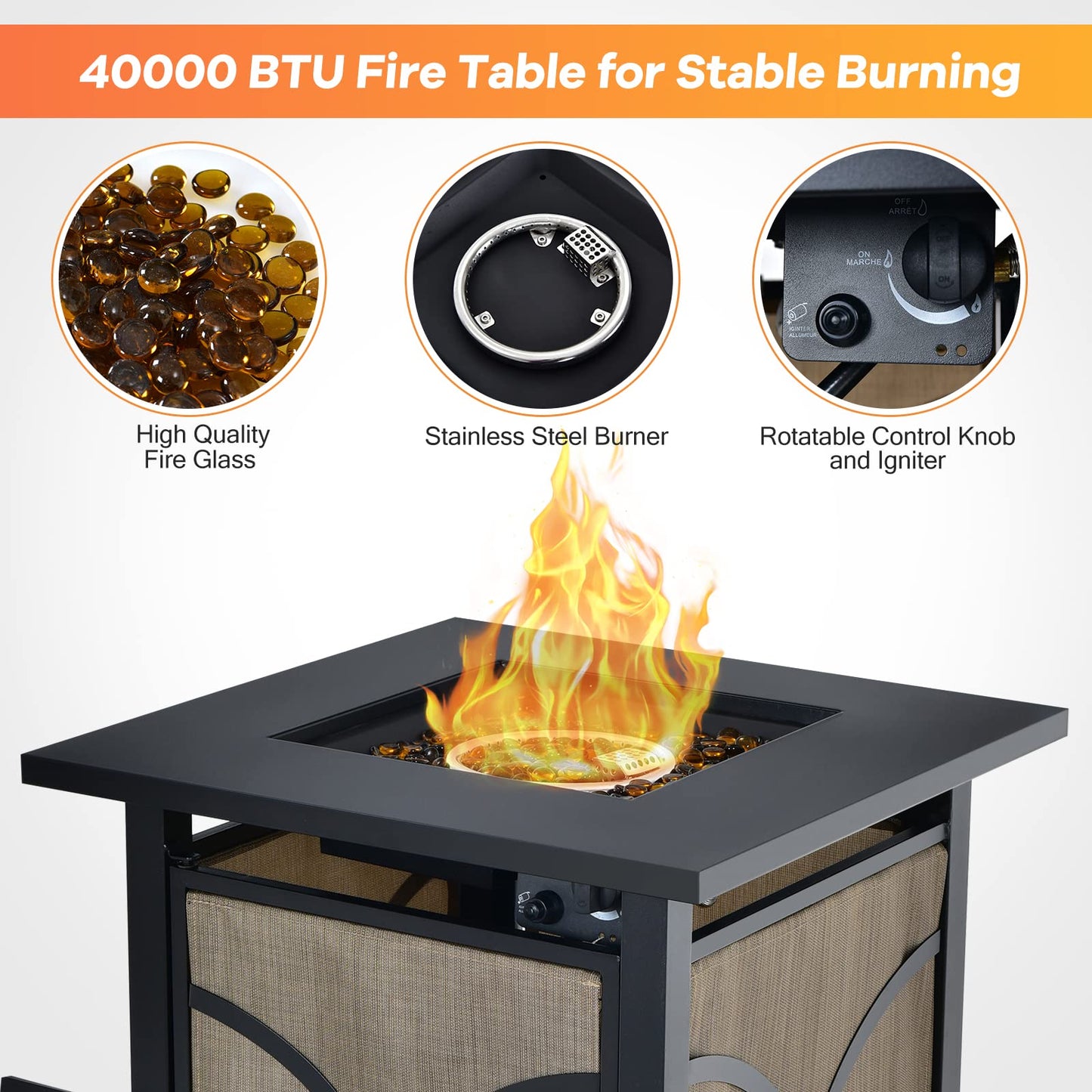 COOURIGHT Propane Fire Pit Table, 25" 40000 BTU Wicker-Look Square Fire Pits w/Lid, Fire Glass, Auto Ignition, Adjustable Flame, CSA Approved, Outdoor Steel Fire Table for Patio, Garden, Backyard