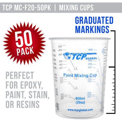 TCP Global 20 oz. (600ml) Graduated Plastic Mixing Cups - Box of 50 with 50 Mixing Sticks - Disposable Plastic Measuring Cups for Liquids, Paints, Resin, Epoxy, Art, Kitchen - Ratios 2-1, 3-1, 4-1 ML