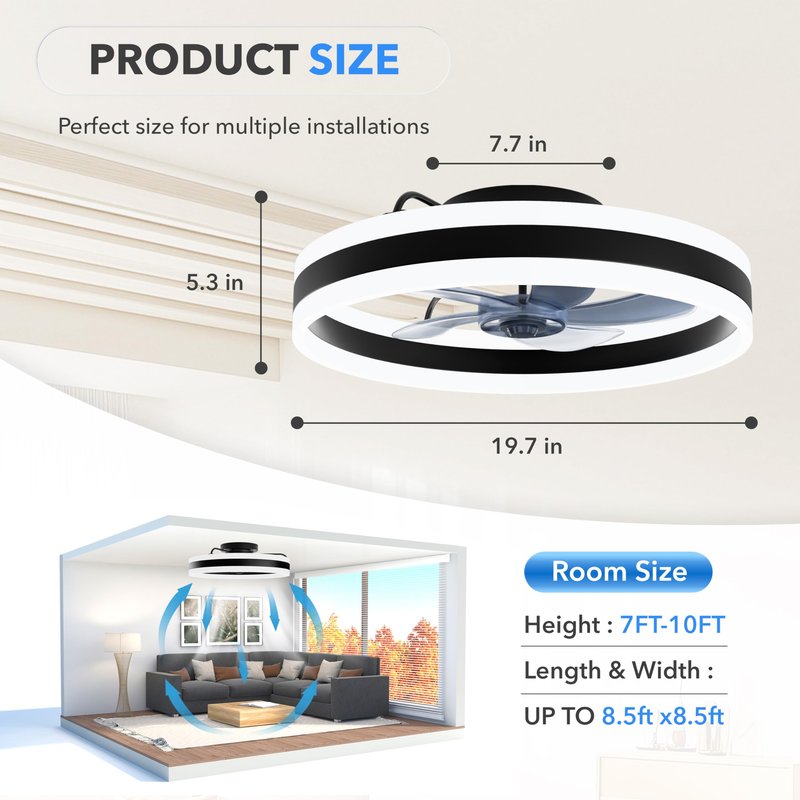 Simple Deluxe Ceiling Fan with Light 20in Low Profile Ceiling Fans with Lights and Remote Dimmable with 6 Wind Speeds Flush Mount Fandelier LED Fan Light Modern Smart for Bedroom, Black