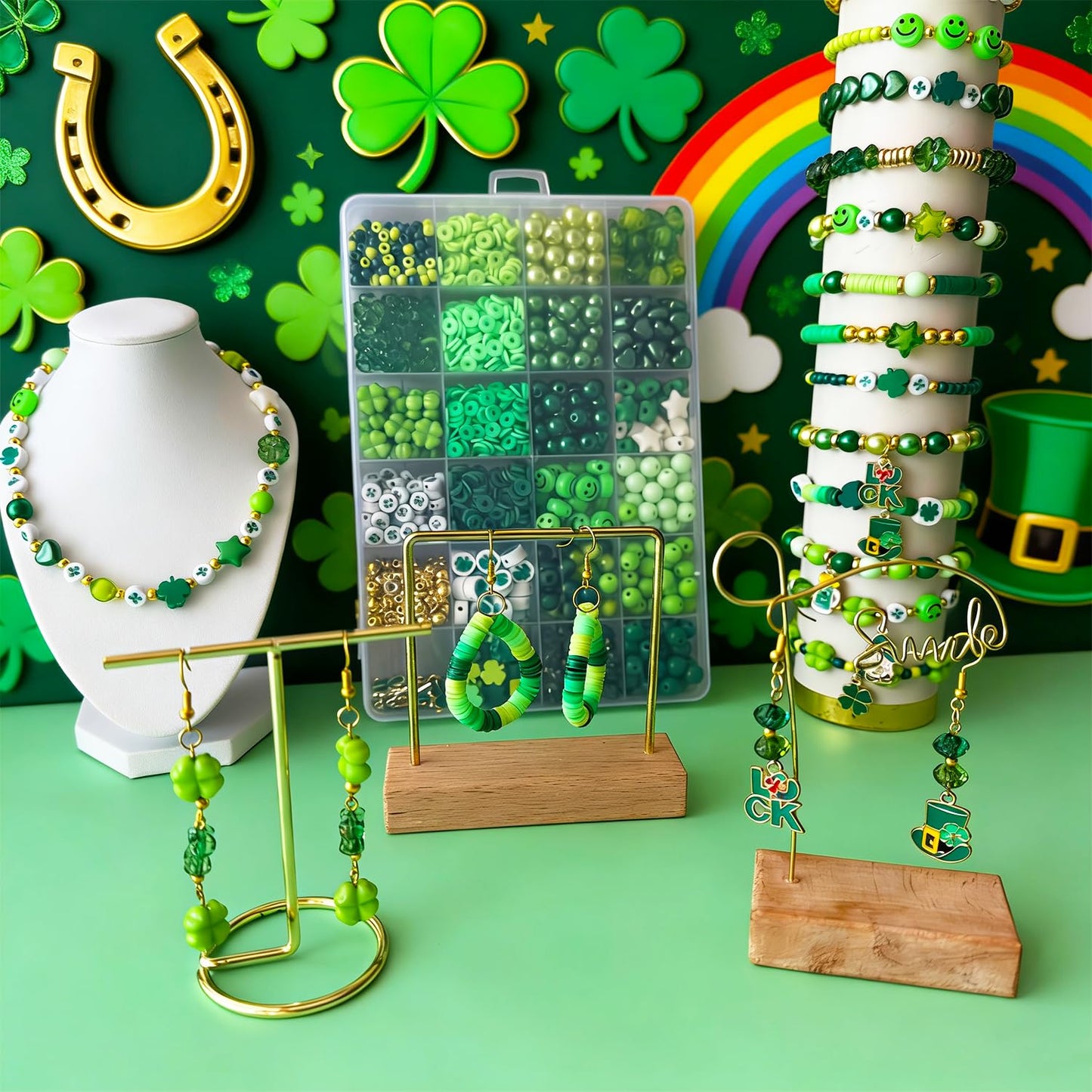 1870PCS St. Patrick’s Day Beads for Bracelet Jewelry Making Kit, Green Polymer Clay Beads Assorted Acrylic Pearl Bead Irish Shamrock Beads Leaf Clover Beads Charms for Necklace Earring DIY Craft Gifts