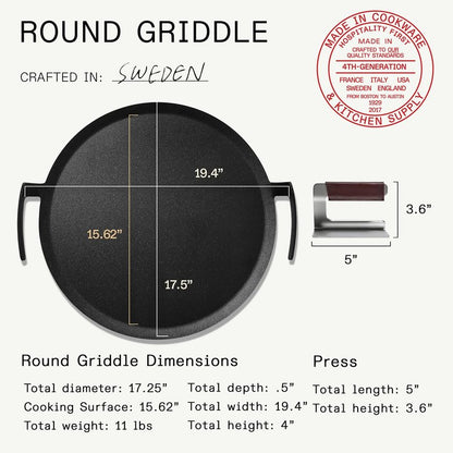 Made In Cookware | Seasoned 17" Round Carbon Steel Griddle + Grill Press - (Like Cast Iron, but Better) | Professional Cookware | Crafted in Sweden | Induction Compatible