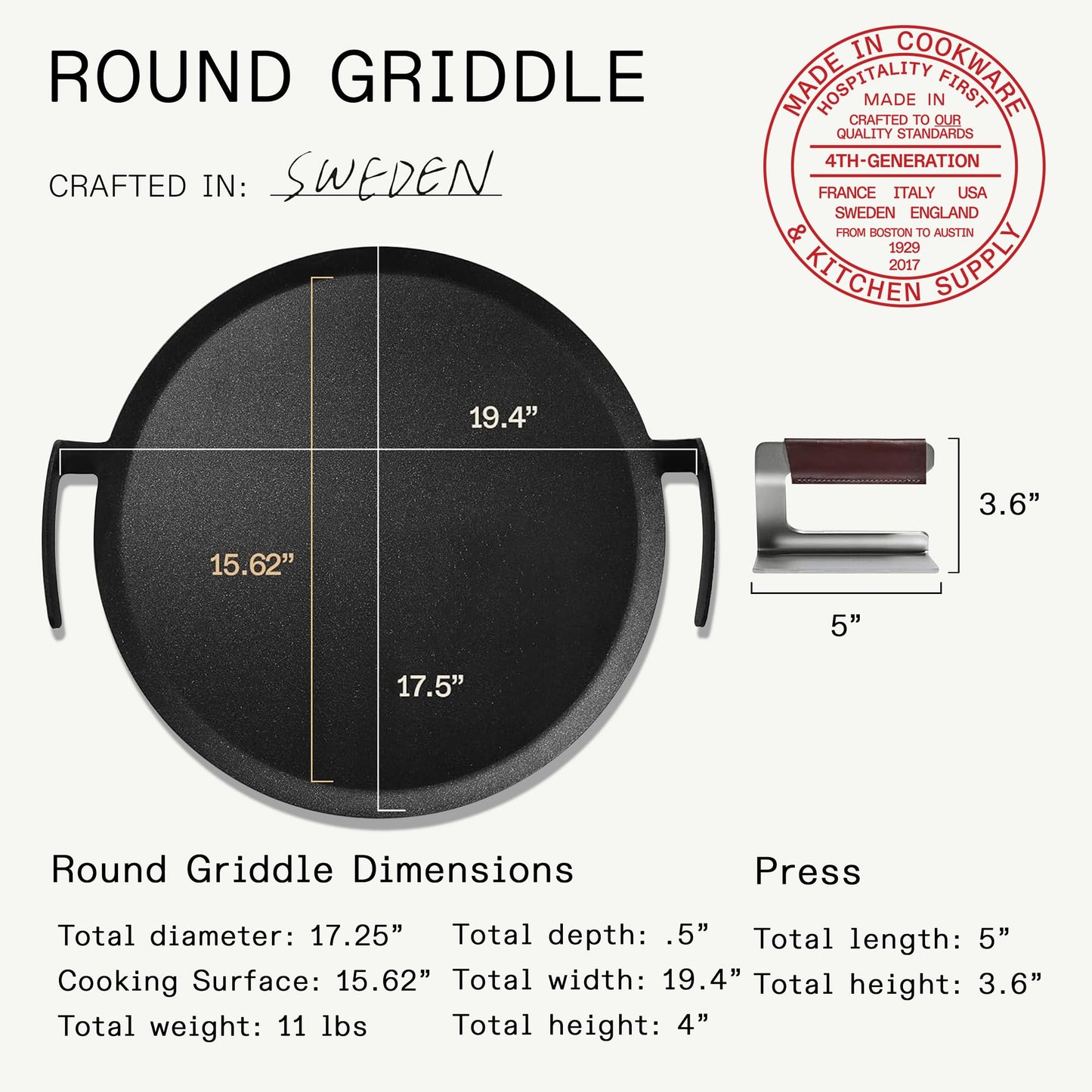 Made In Cookware | Seasoned 17" Round Carbon Steel Griddle + Grill Press | Professional Cookware | Crafted in Sweden | Induction Compatible