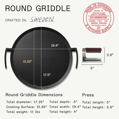 Made In Cookware | Seasoned 17" Round Carbon Steel Griddle + Grill Press | Professional Cookware | Crafted in Sweden | Induction Compatible