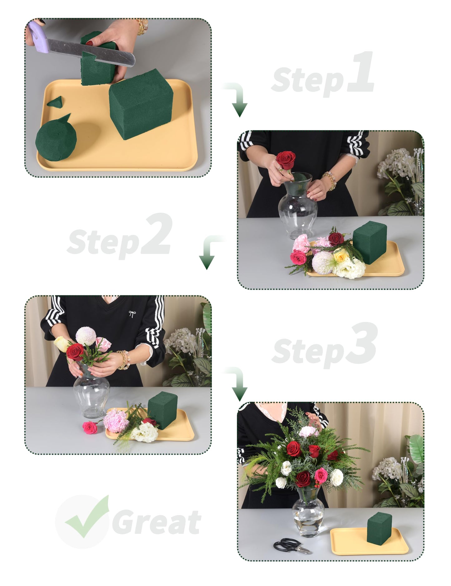 Gildora 6-Pack Extra Large Green Wet & Dry Floral Foam Blocks (8.86" x 4.13" x 2.95") - 2-in-1 Flower Arrangement Foam for Fresh & Artificial Flowers, Wedding Decor, Home Office & Florist Supplies
