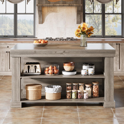 Tribesigns 55" Kitchen Island with Seating and Storage, 3-Tier Farmhouse Wood Stationary Island Table with Large Worktop & Leg Room, Coffee Bar Table with Storage Shelves for Kitchen, Grey