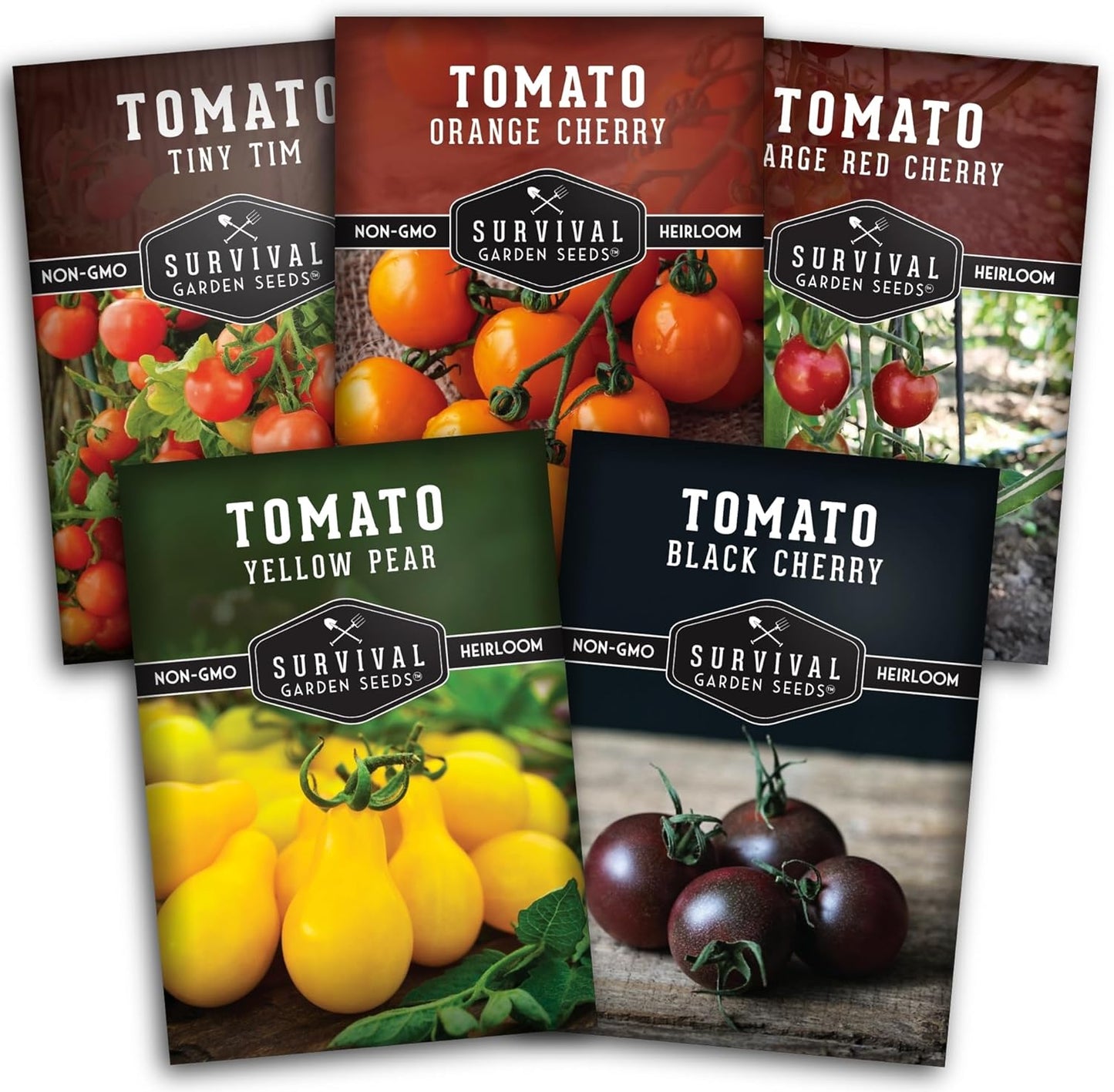 5 Pack Cherry Tomato Seeds for Planting Variety with Tiny Tim, Black Cherry, Yellow Pear, Large Red & Orange | Heirloom
