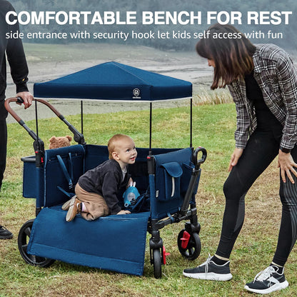 EVER ADVANCED Side-Unzip Wagon Stroller for 2 Kids, Push Pull Stroller with Adjustable Handle, Easy Access Zipper Door, 5-Point Harness Removable UV-Protection Canopy Shock-Absorbing Wheels, Blue