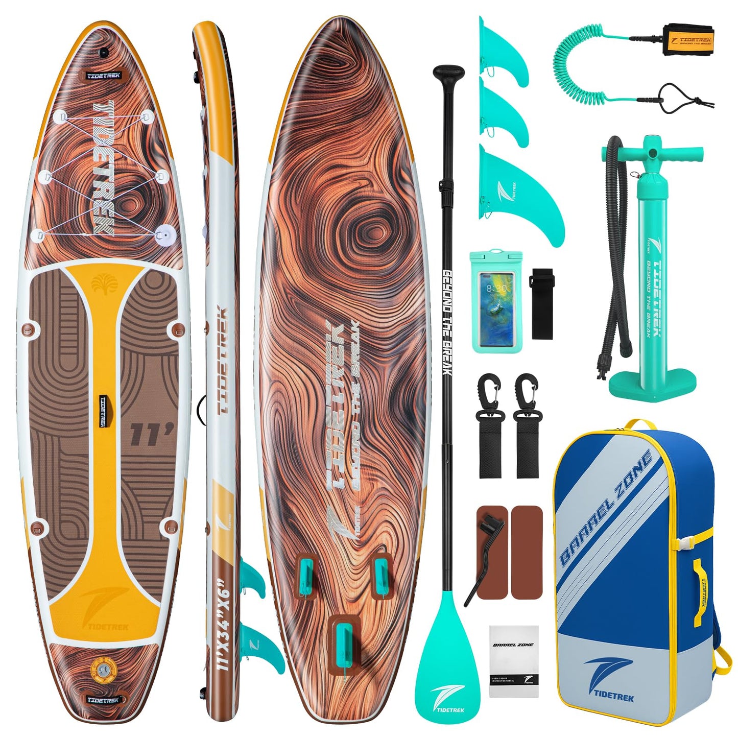 TIDETREK 11'/11'6" x 33"/34" x 6" Inflatable SUP Paddle Board – Extra-Wide, Stable Stand Up Paddle Board with Premium Full Accessory Set for Adults & Youth (Earth Pulse, 11'x34 x6)