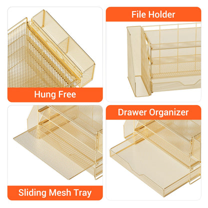 OPNICE Desk Organizers and Accessories, 4-Tier Office Desk Accessories & Workspace Organizers with Drawer and Pen Holder, Desktop Paper Tray File Organizer for Home Office Supplies, Gold
