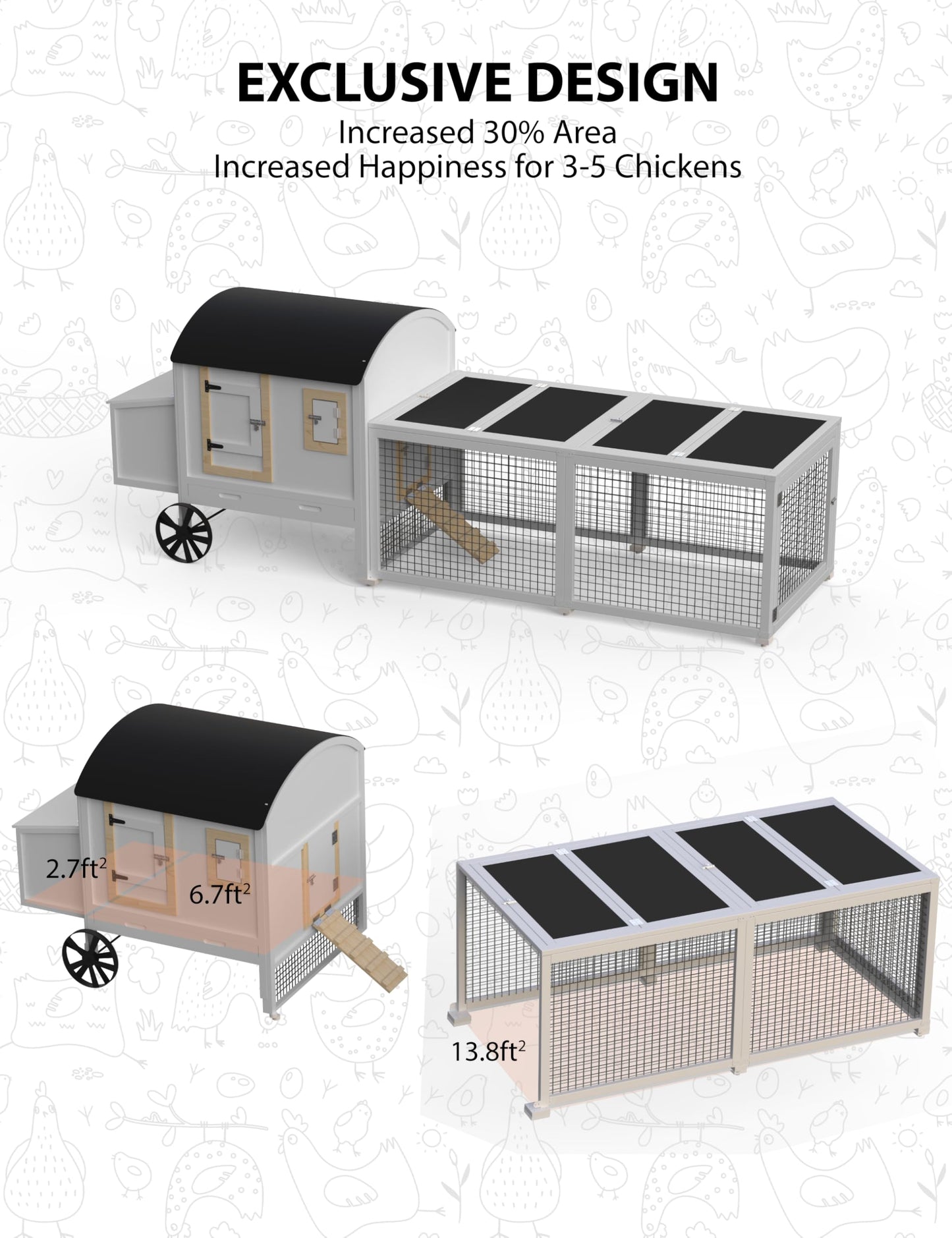 KYBOLT Rabbit Cage, Indoor and Outdoor Rabbit Hutch Chicken Coop, Small Animal Pen and Hutch Enclosure with Anti-UV Waterproof Roof, No Leak Pull Out Tray, Run and Ramp, 106in, White