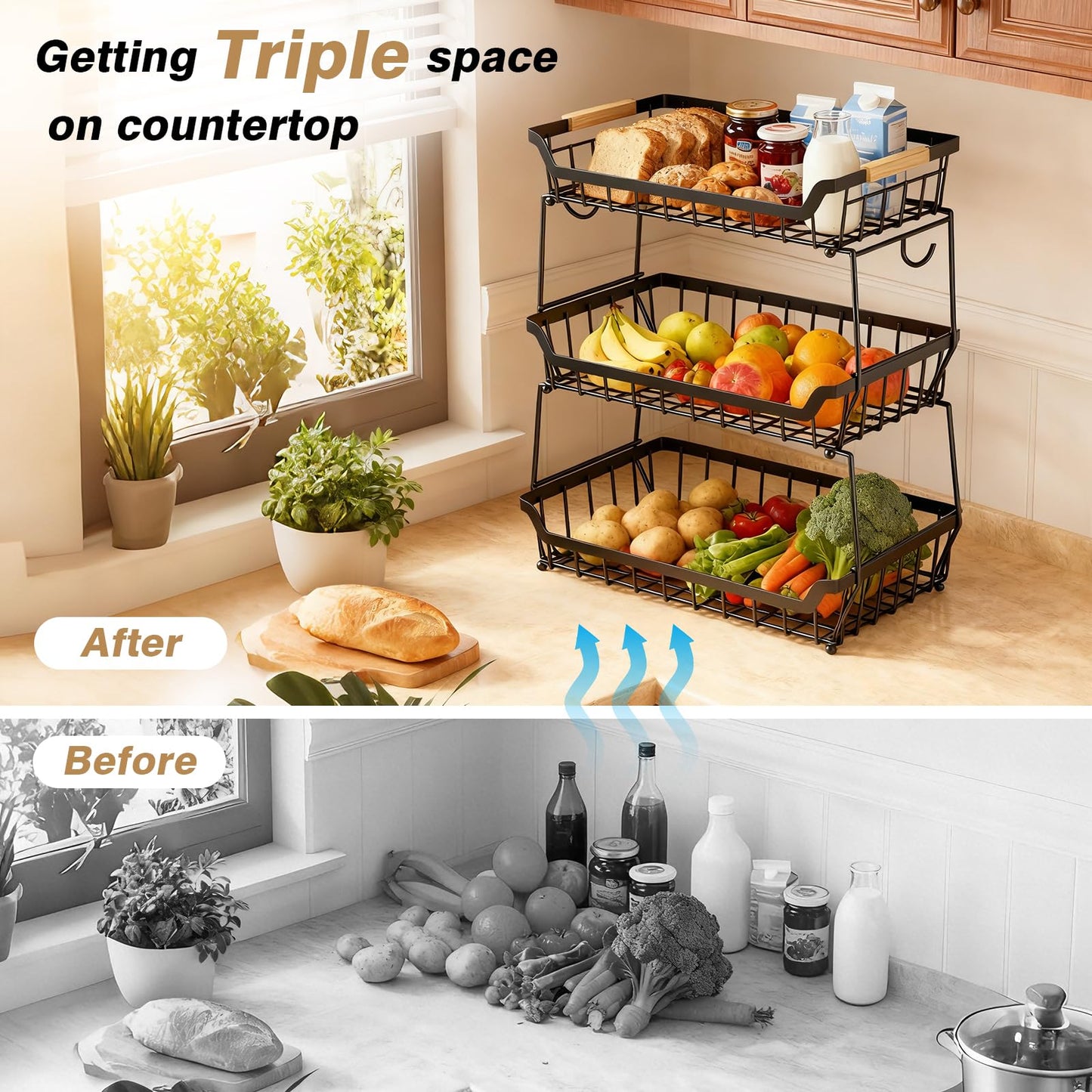 3 Tier Fruit Basket for Kitchen Counter with 2 Banana Hangers, Countertop Metal Fruit Bowl with Wooden Handle, Large Capacity Metal Wire Fruits Stand Organizer for Fruits Vegetables Breads Coffee Can