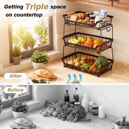 3 Tier Fruit Basket for Kitchen Counter with 2 Banana Hangers, Countertop Metal Fruit Bowl with Wooden Handle, Large Capacity Metal Wire Fruits Stand Organizer for Fruits Vegetables Breads Coffee Can