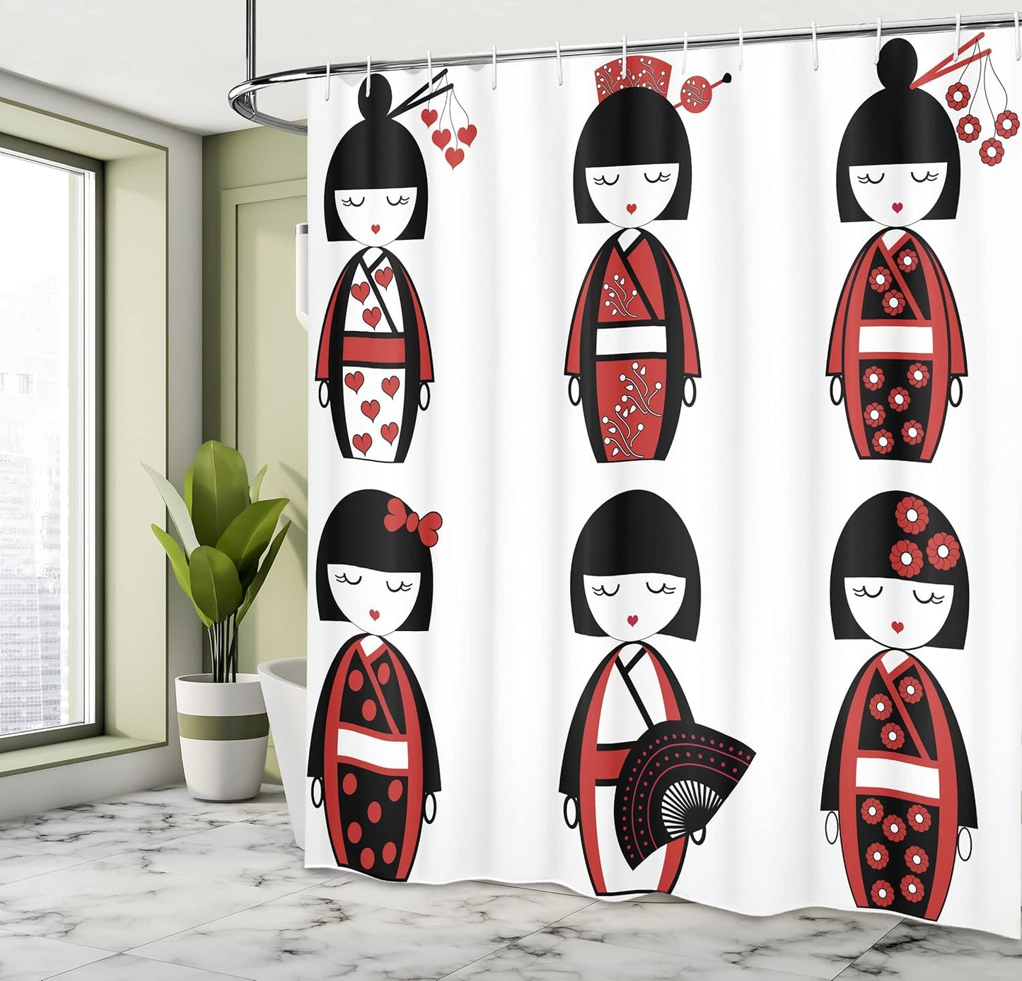 Ambesonne Ethnic Shower Curtain, Unique Geisha Dolls in Folkloric Costumes, Bathroom Decor Set, 69" W x 70" L