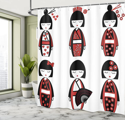 Ambesonne Ethnic Shower Curtain, Unique Geisha Dolls in Folkloric Costumes, Bathroom Decor Set, 69" W x 70" L