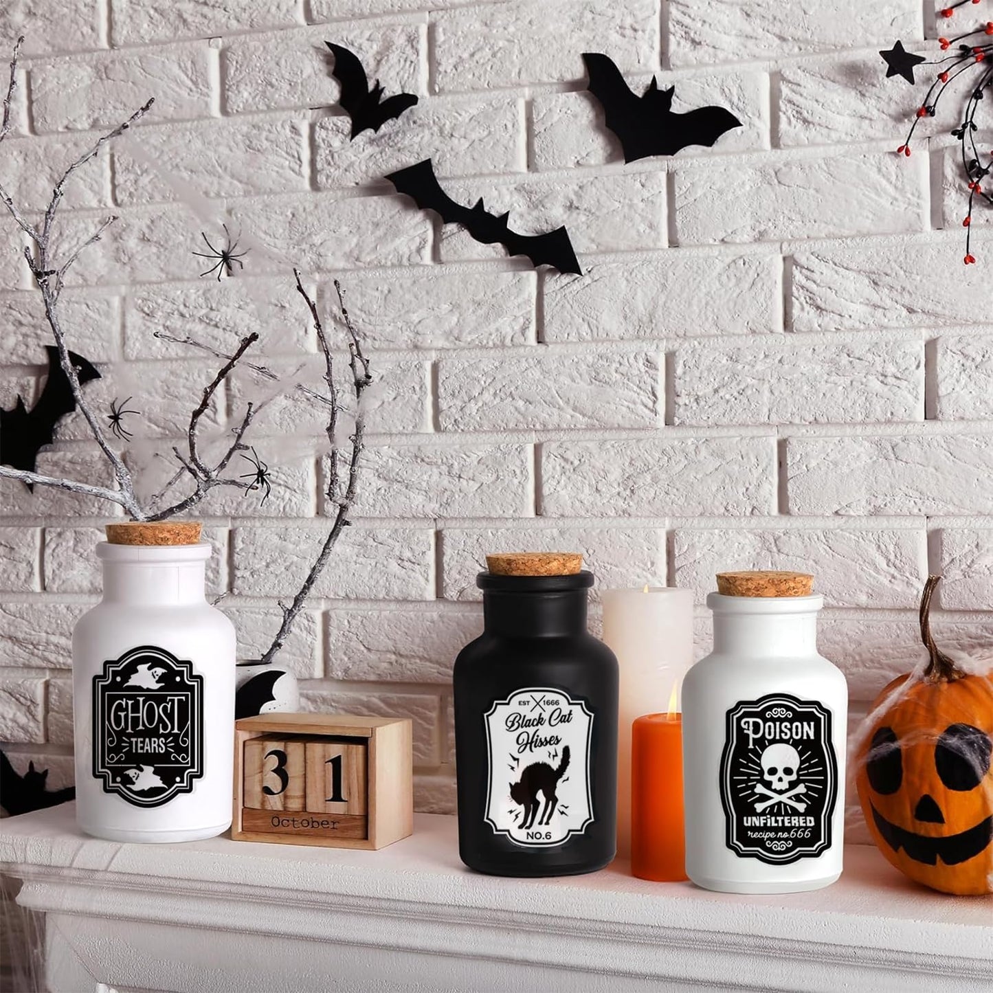 Sarybei Halloween Decorations for Home - Set of 4 Apothecary Potion Bottles with stickers - Scary Witch Poison Ghosts Black Cat Farmhouse Tiered Tray Decor For Home Table Party Supplies