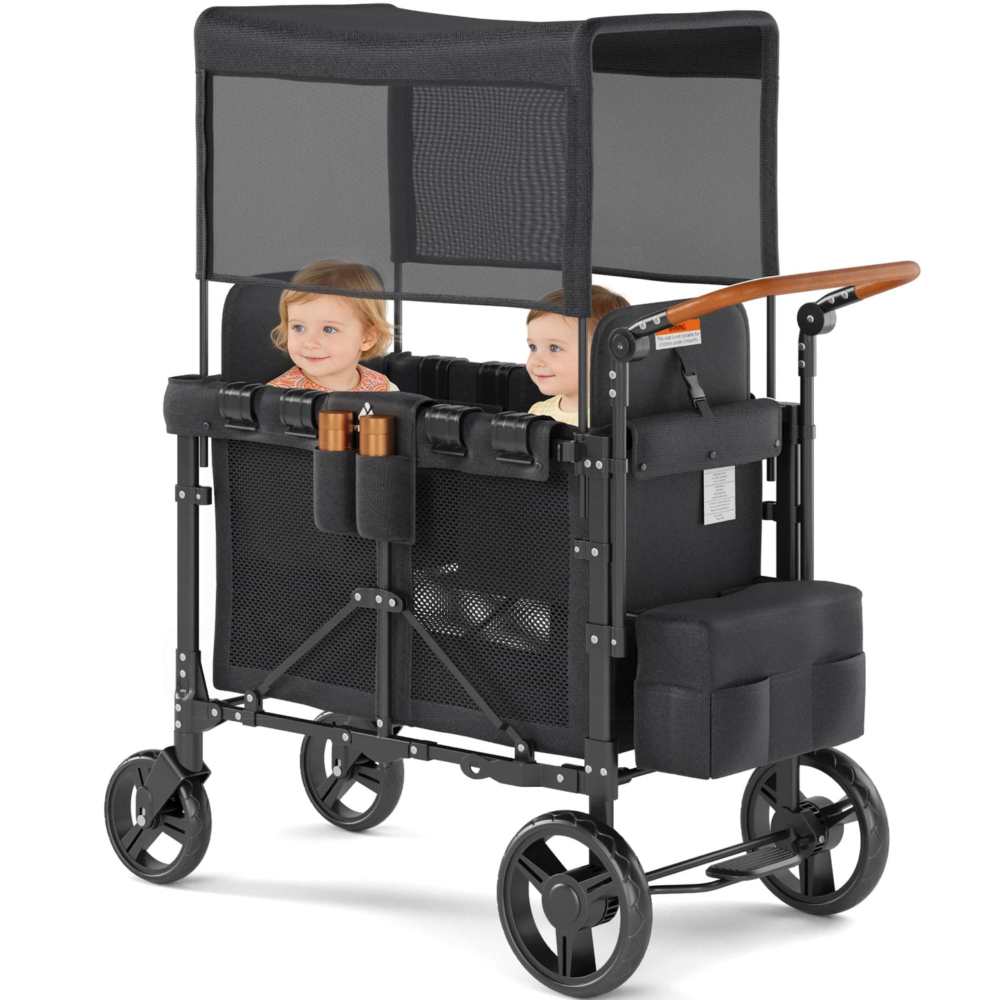 VELUVIA Wagon Stroller Outdoor for 2 Kids - Double Toddlers Stroller with Canopy & Removable Seat Pads, 2 Seater Push Pull Wagon One-Hand Fold, Shock-Absorbent Wheels & Safety Harness, Black