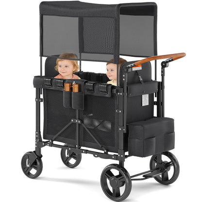 VELUVIA Wagon Stroller Outdoor for 2 Kids - Double Toddlers Stroller with Canopy & Removable Seat Pads, 2 Seater Push Pull Wagon One-Hand Fold, Shock-Absorbent Wheels & Safety Harness, Black