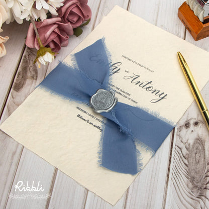 Ribbli Dusty Blue Chiffon Ribbon 1-1/2 inch x 20 Yard Handmade Fringe Chiffon Silk Ribbon for Wedding Invitations, Bridal Bouquets Wrapping, Flower Arrangement Decoration