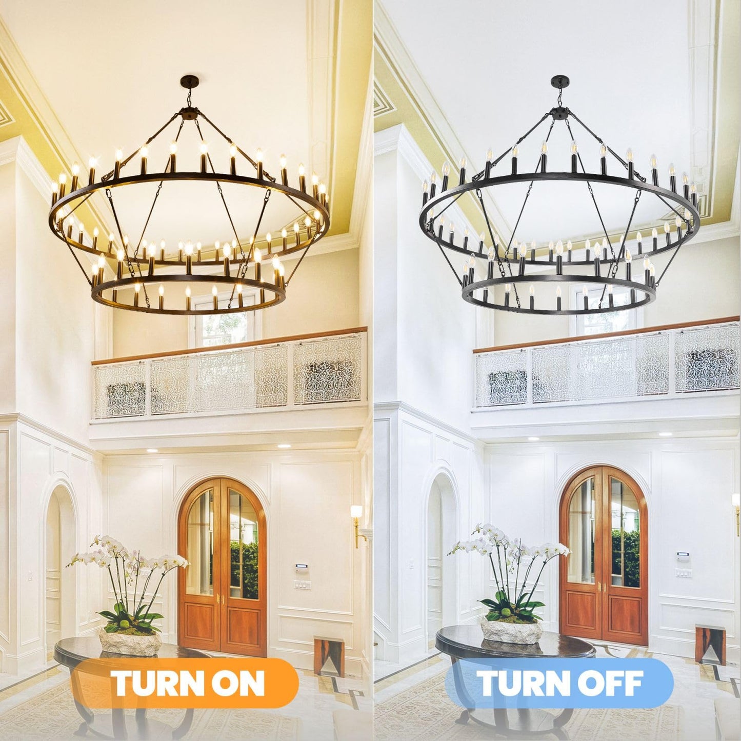 54-Lights 2 Tier Wagon Wheel Chandelier, 60" Large Chandeliers for High Ceilings, Round Black Chandeliers for Dining Room, Farmhouse Foyer Lighting Fixtures, for Living Room, Staircase, Entryway