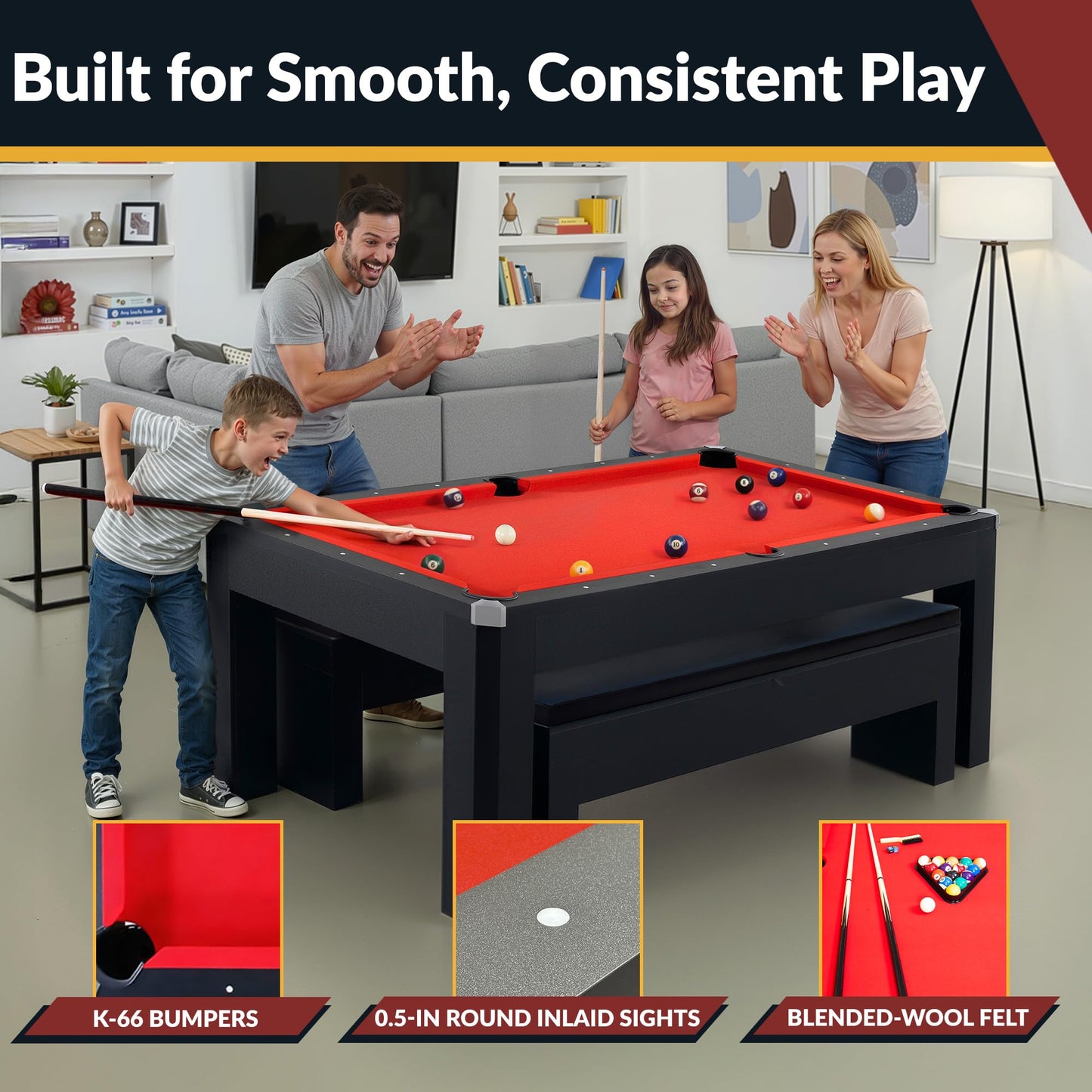 Hathaway Park Avenue 7 Ft Pool Table Combo Set with Benches and Complete Game Accessories - Billiard Table with Ping Pong and Dining Top - Engineered Wood Frame, Black Finish, Red Felt