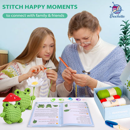 Crochetta Crochet Kit for Beginners, Beginner Crochet Animal Kits for Adults with Step-by-Step Video Tutorials, DIY Knitting & Crocheting Craft Hobbies Supplies, 2 Pack Frog Amigurumi(40%+ Yarn)