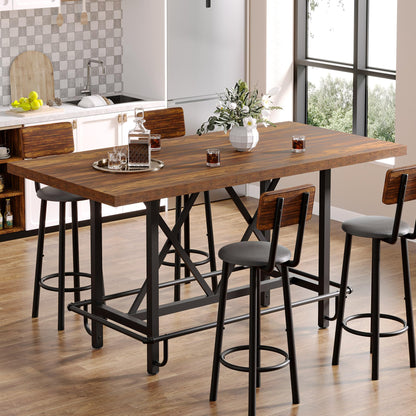 Tribesigns Bar Table, Industrial Counter Height Pub Table with Metal Footrest, 63-Inch Rectangle Wood Kitchen Dining Table with Sturdy Metal Frame for Dining Room, Home Bar (Brown)