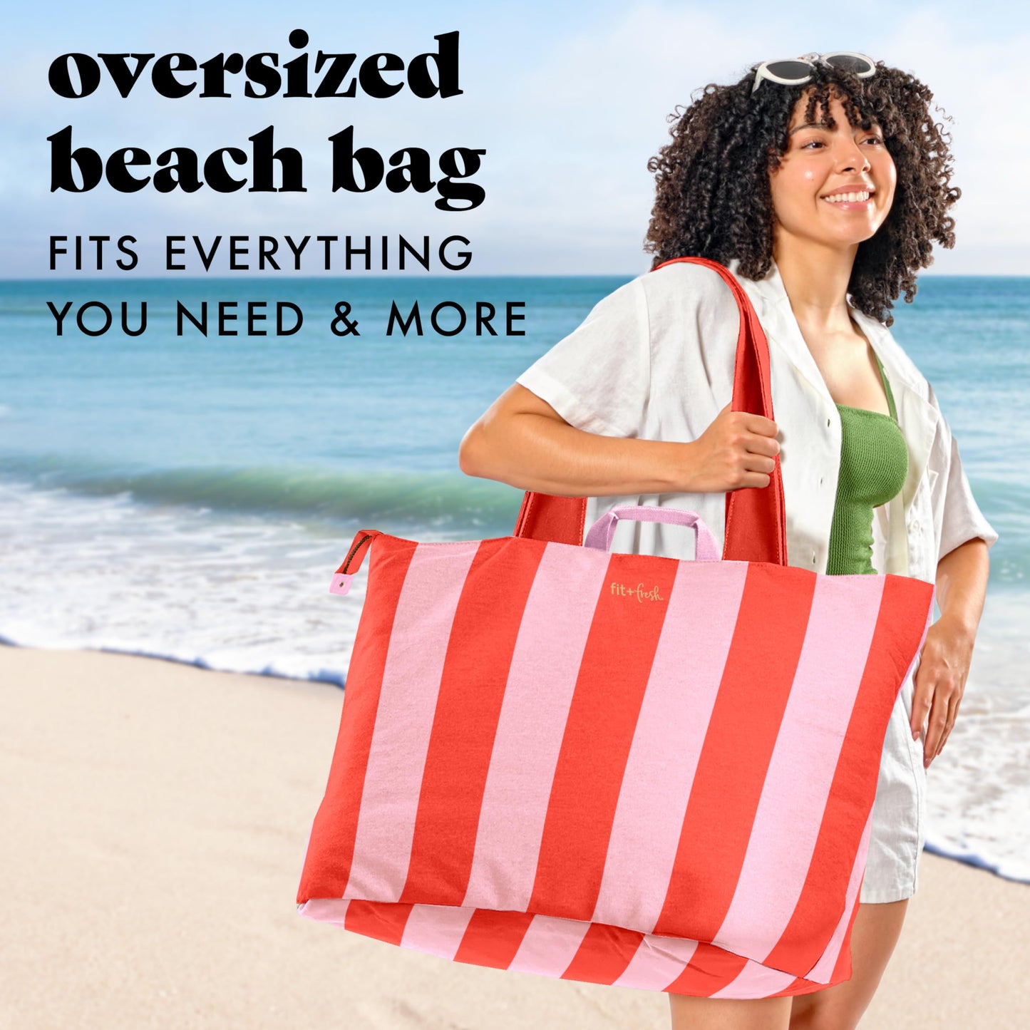 Fit & Fresh XL Beach Tote Bag for Women – Extra Large Travel Tote with Zipper & Pockets, Oversized Canvas Pool Bag, Weekender Carry-On for Beach, Travel & Family Essentials