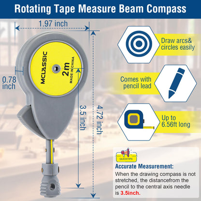 Dreyoo 6.56 ft Rotape Tape Measure Compass with 10 Pencil Leads, Measure Beam Compass for Drawing Circles and Lines, Fixable Button Circle Drawing Tool with Tape Measures