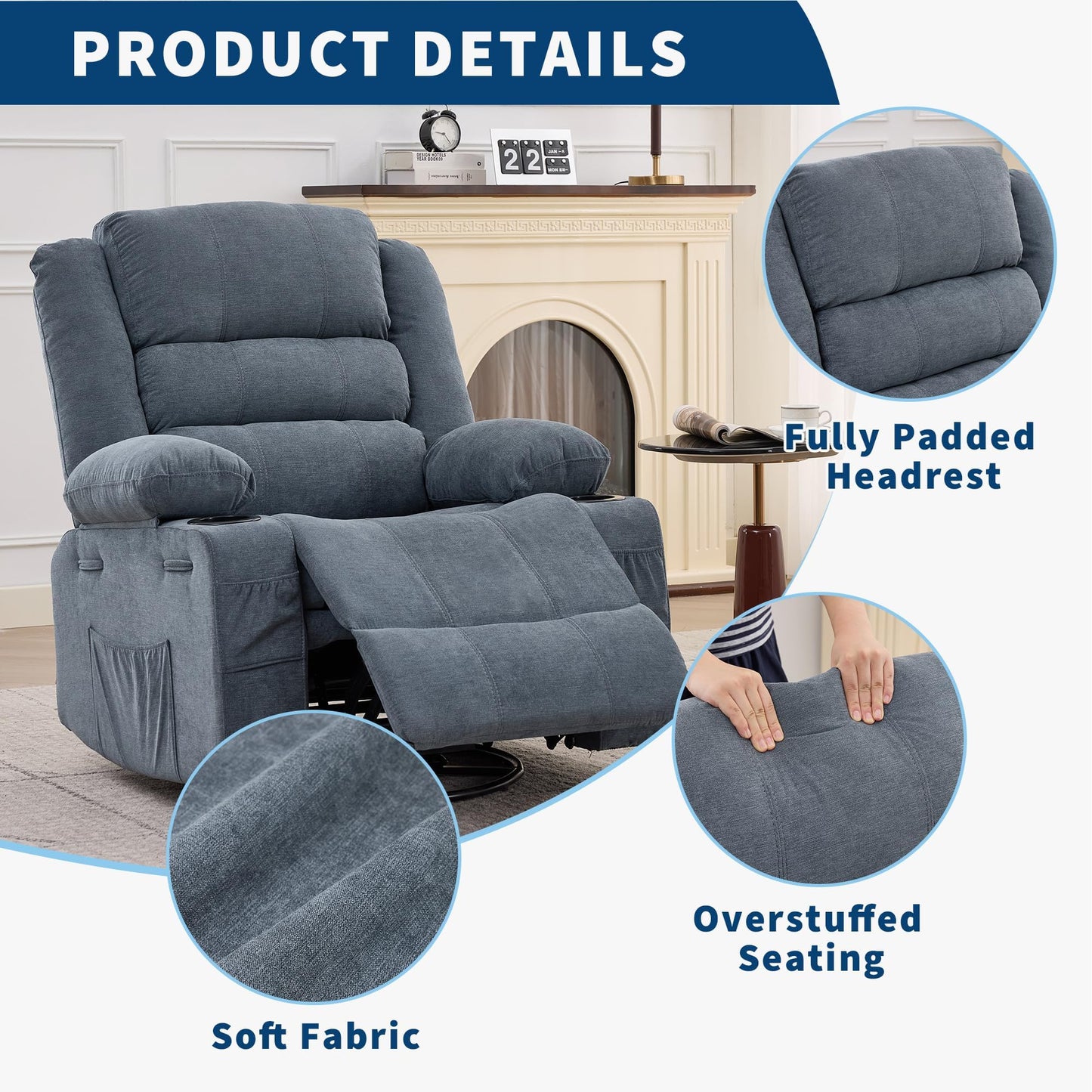 Rocking Recliner Chair for Adults Linen Wide Upholstered Glider Recliner with Cup Holder Deep Seat Single Sofa Rocker Chair for Nursery Living Room