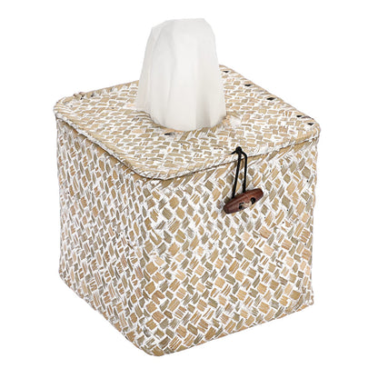 Sumnacon Tissue Box Cover Square Seagrass Tissue Box with Lid, Woven Tissue Box Holder Rustic Cube Tissue Cover for Bathroom Toilet Bedroom Living Room Kitchen Table Desk Office Car, Whitewash