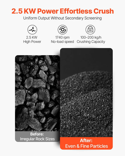 VEVOR Hammer Crusher, 2.5KW 220V Electric Rock Stone Shatter Grinder, Glass Crushing Machine with 100 to 200 kg/h Crushing Capacity, Coal Crusher Milling Machine with 0.12/0.24/0.4 inch Sieve Screens