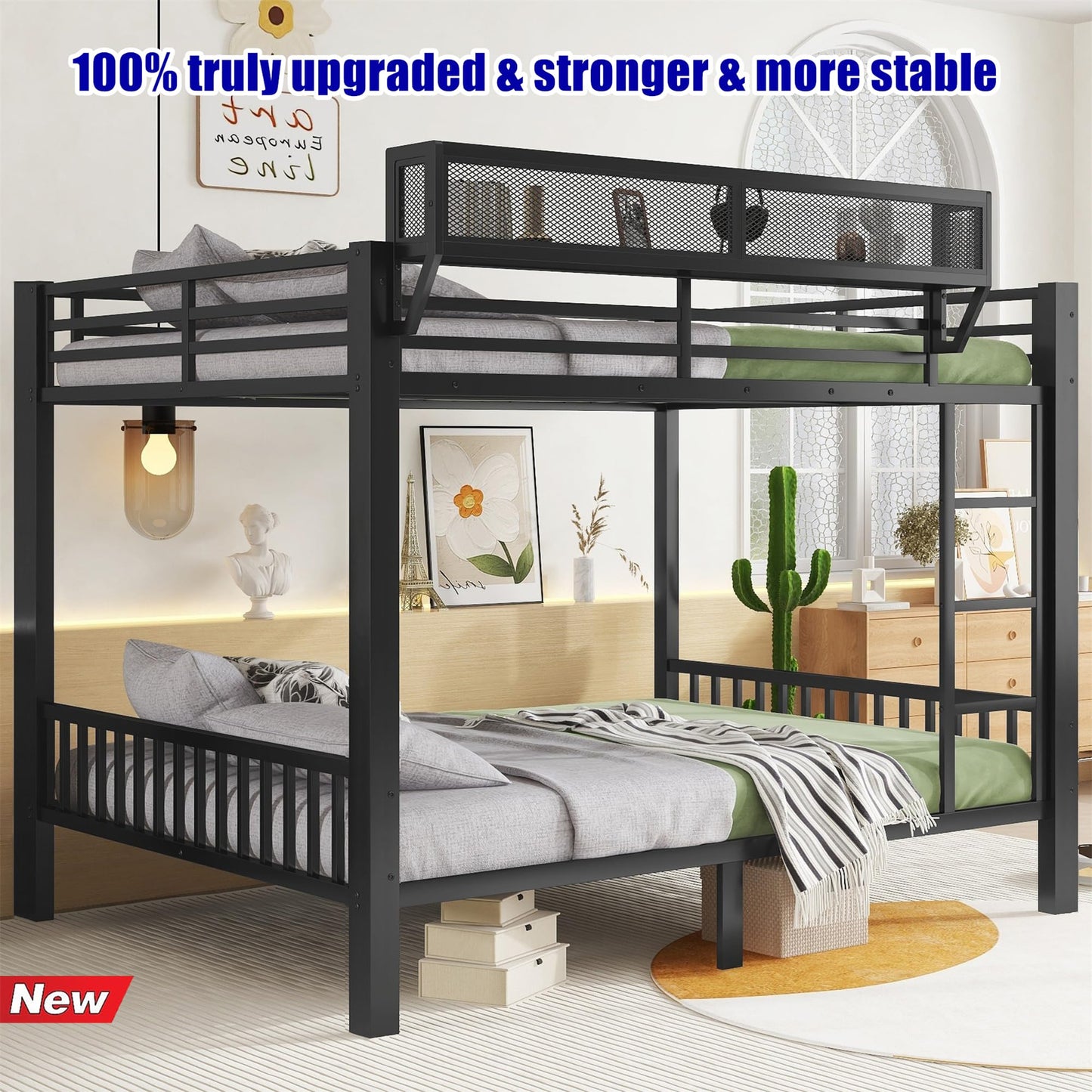 LEEKAF Stronger & Higher Quality Heavy Duty Metal Bunk Bed Queen Over Queen Size Bunkbed, Thickened Safer More Stable Steel Queen Bunk Bed (Faster Assembly)