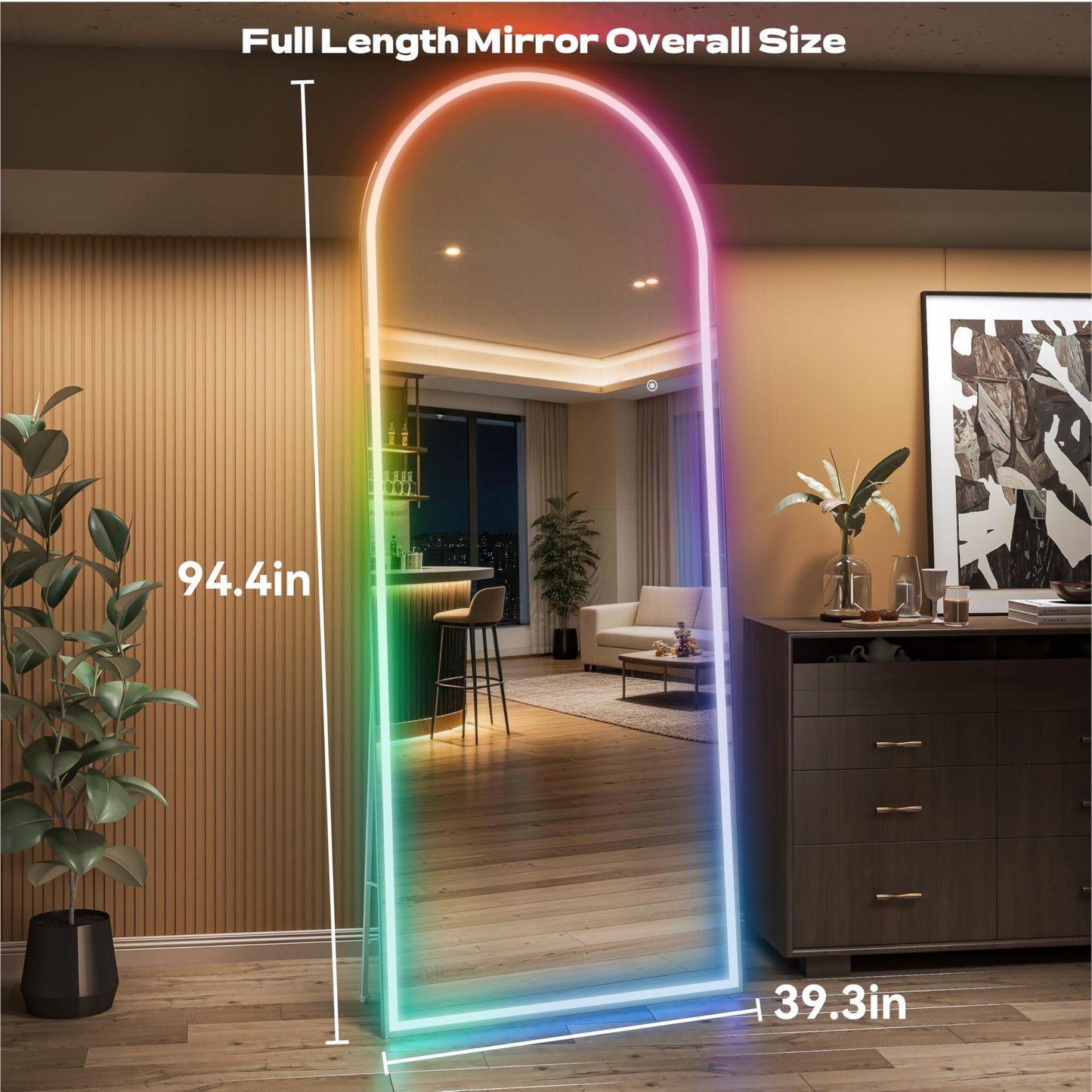 Hasipu Arch Full Length Mirror 95 x 40 in with Stand — Arch LED RGB Full Body Mirror, 7 Lighting Modes, Dimmable, Built‑in Bluetooth Speaker, White Frame for Bedroom Dressing Room