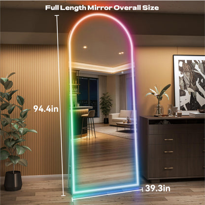 Hasipu Arch Full Length Mirror 95 x 40 in with Stand — Arch LED RGB Full Body Mirror, 7 Lighting Modes, Dimmable, Built‑in Bluetooth Speaker, White Frame for Bedroom Dressing Room